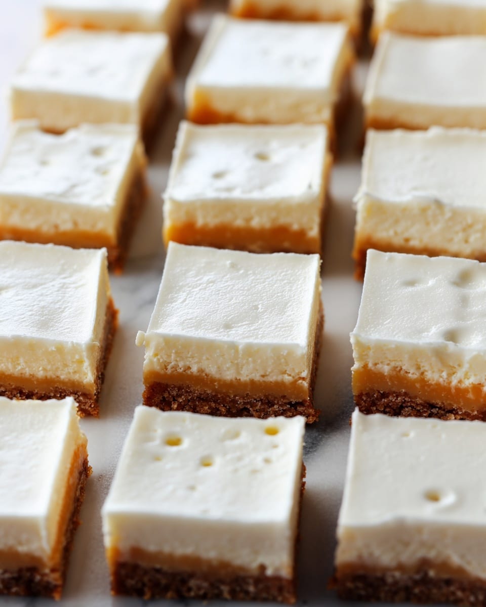 The image shows many small square slices of a layered dessert arranged in rows. Each piece has three layers: the bottom layer is brown and crumbly, the middle layer is a soft golden caramel color, and the top layer is thick, smooth, and creamy white. The dessert pieces are placed tight together on a white marbled surface. The white creamy top layer has a few small holes and some uneven edges, showing a soft texture. Photo taken with an iphone --ar 4:5 --v 7