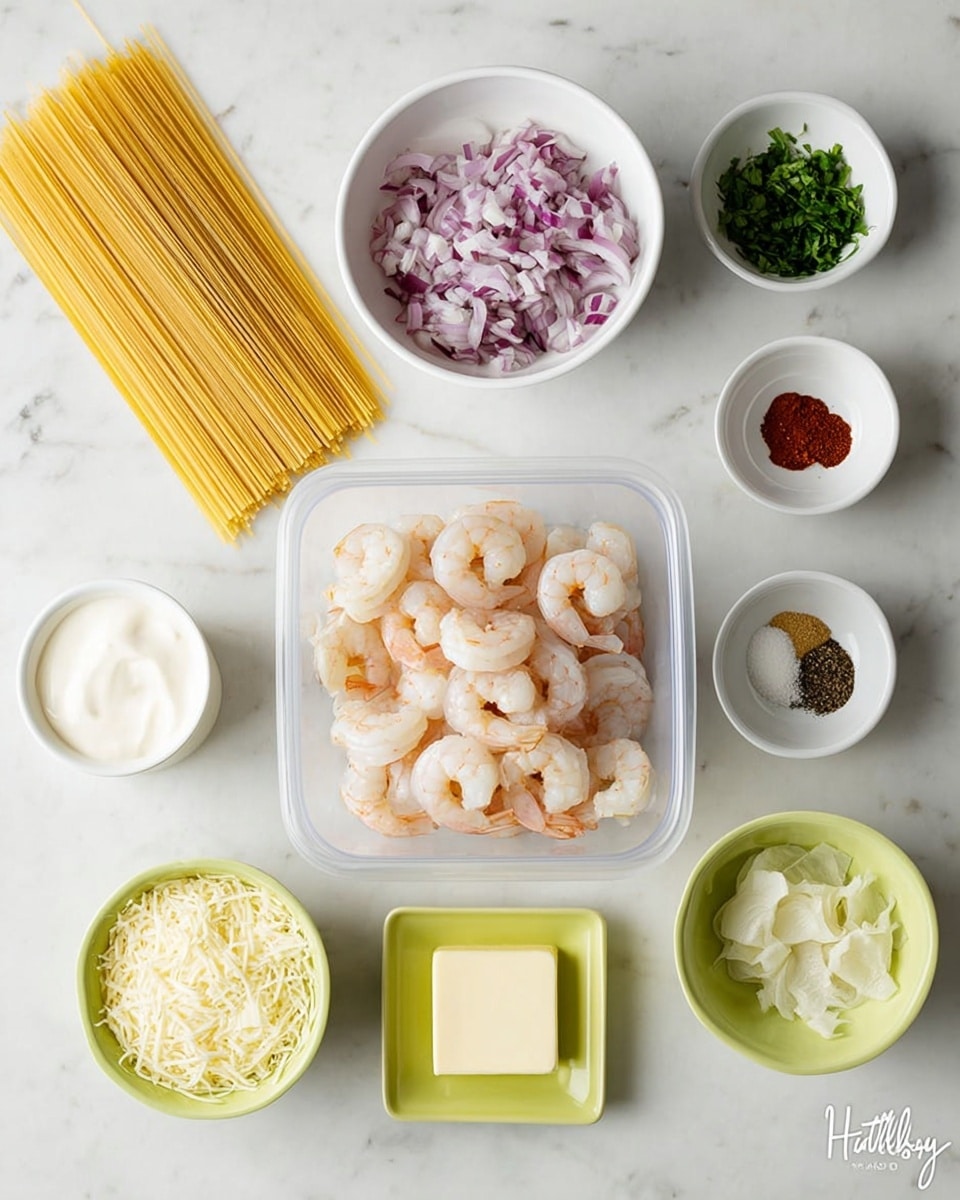 The image shows several ingredients arranged neatly on a white marbled surface. In the center is a clear plastic container with peeled, cooked shrimp stacked inside, showing a pale pink and white color. To the left, there is a small pile of dry spaghetti noodles that are light yellow and straight. Above the shrimp, there is a white bowl filled with finely chopped red onions, offering a mix of white and purple shades. Next to this, a smaller white bowl contains finely chopped green herbs. To the right, a small white dish holds four powders: white salt, black pepper, red paprika, and another light powder. Below this, a small lime green bowl contains a square piece of pale yellow butter. Above the shrimp on the left, a white cup contains a thick off-white cream, and next to this a clear bowl holds grated pale yellow cheese. Below the cheese is another lime green bowl with chopped fresh garlic, showing a creamy white color. The whole setup is visually clean and organized. Photo taken with an iphone --ar 4:5 --v 7