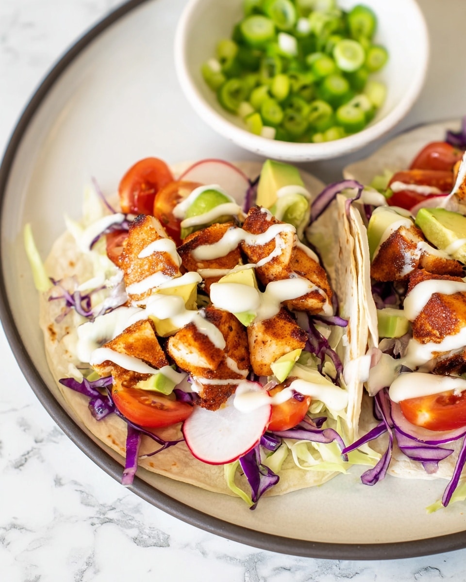 Two tacos are placed side by side on a white plate with a dark rim, set on a white marbled surface. Each taco has a soft white tortilla base, layered with thin purple cabbage strips, sliced red tomatoes, thin round slices of radish, and small pieces of green avocado. On top, there are several grilled golden-brown chicken chunks with light char marks, drizzled with a white creamy sauce. Above the tacos, a white bowl filled with chopped bright green spring onions is visible. Photo taken with an iphone --ar 4:5 --v 7