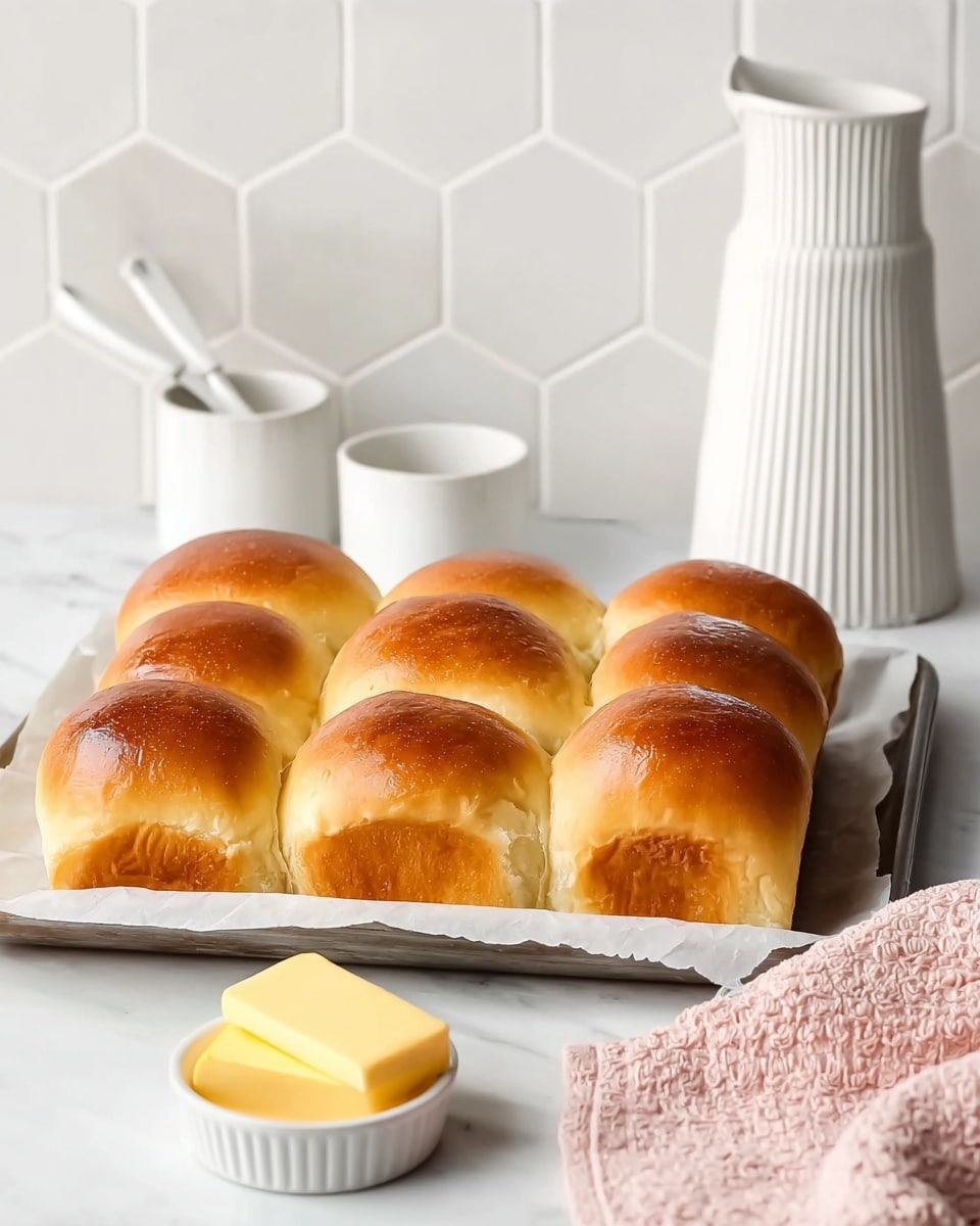 A tray holds a group of twelve golden brown dinner rolls with a soft shiny texture, placed close together on white parchment paper. The tray sits on a white marbled surface. To the right, there is a tall white pitcher with a subtle vertical ribbed design, and to the left, a white round container with two white ceramic spoons inside. In the foreground, there is a small white fluted dish holding two light yellow rectangular slices of butter. A light pink knitted cloth is on the right side near the pitcher. The background features a white tile wall with hexagonal patterns. Photo taken with an iphone --ar 4:5 --v 7