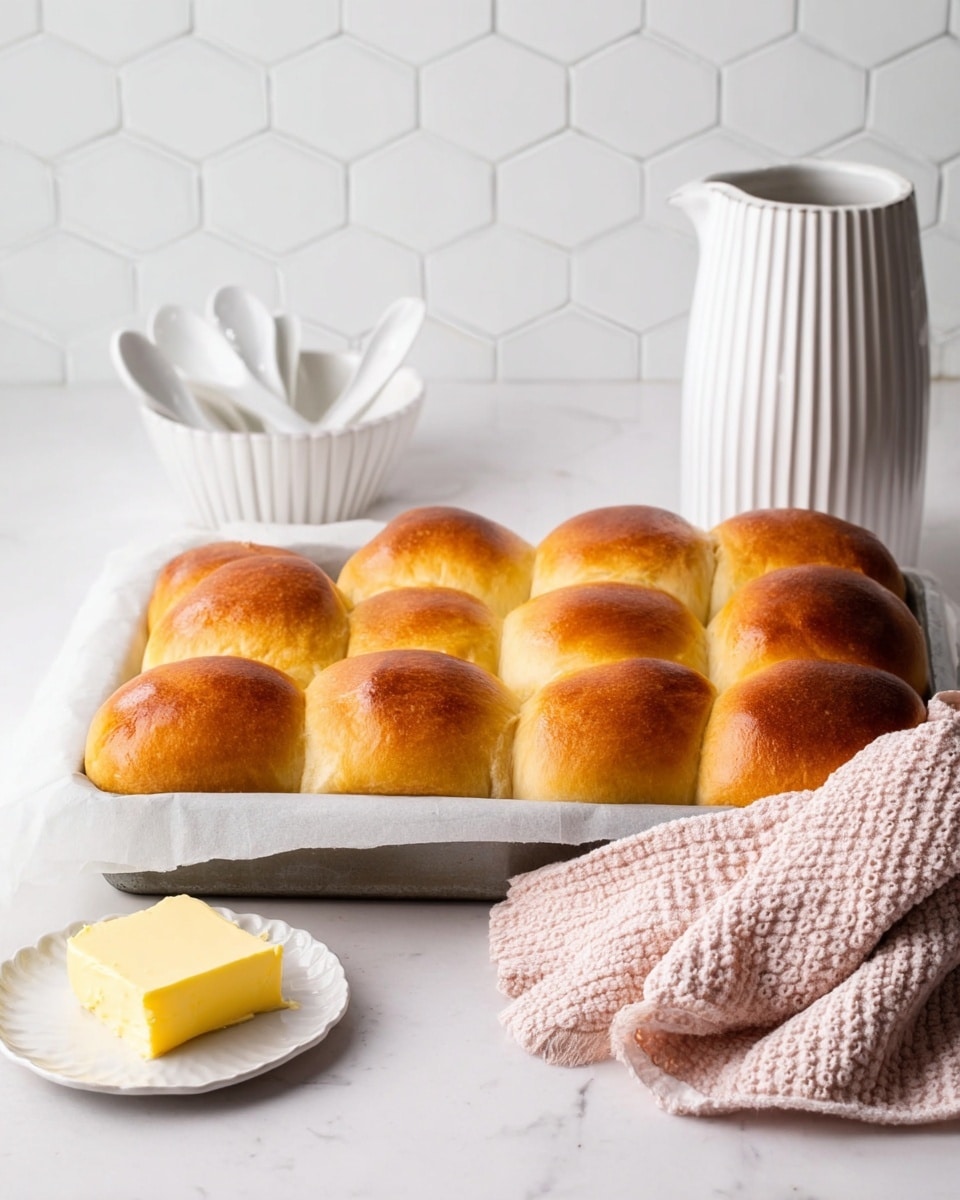 Nine golden brown bread rolls sit closely together in a metal baking tray lined with white parchment paper, showing soft, shiny tops and slightly darker, crispier sides. To the right, there is a thick knitted light pink cloth casually folded next to a small white bowl holding three white ceramic spoons. A fluted white dish with a rectangular piece of pale yellow butter sits near a tall white textured pitcher, all arranged on a white marbled surface with a white hexagonal tile wall in the background. photo taken with an iphone --ar 4:5 --v 7