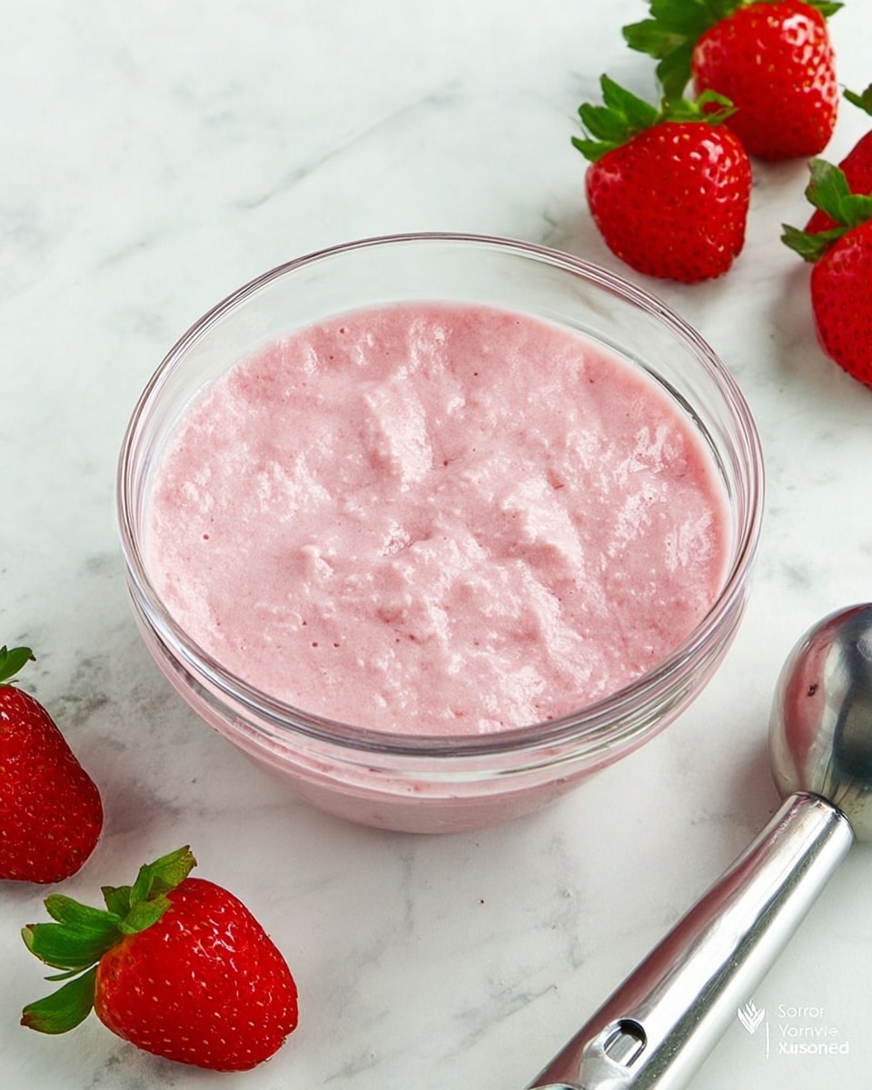 A clear glass bowl filled with a smooth pink liquid that has a slightly textured surface, sitting on a white marbled surface. Around the bowl, there are several whole bright red strawberries with green leaves. A silver metal ice cream scoop rests near the bowl on the same surface. The scene is well lit and crisp, highlighting the pink color and texture of the liquid and the fresh strawberries photo taken with an iphone --ar 4:5 --v 7