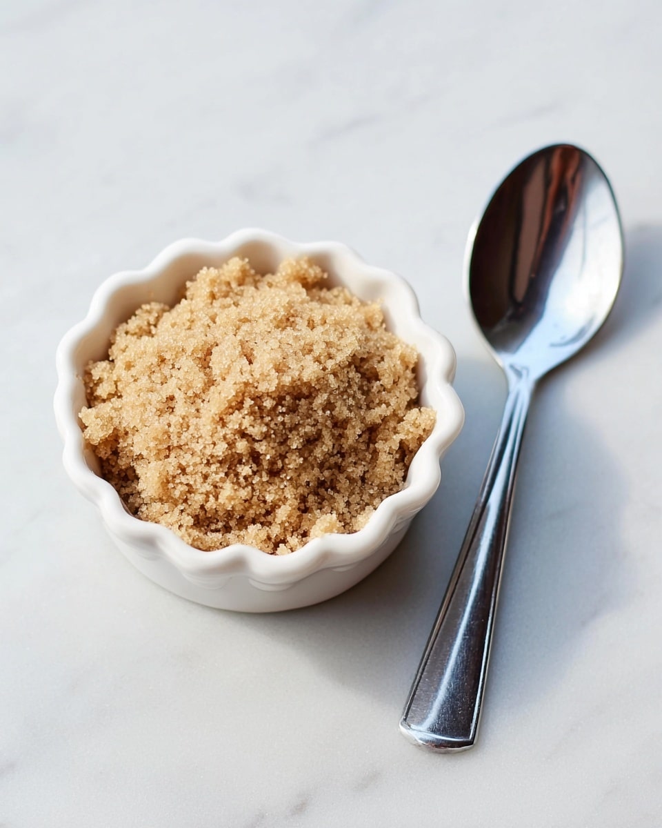A small white bowl with a scalloped edge is filled with light brown sugar that looks soft and slightly clumpy. The bowl is placed on a white marbled surface. Next to the bowl, on the right side, lies a shiny silver spoon with a smooth, clean surface. The light in the image highlights the texture of the sugar and the smoothness of the spoon. The photo taken with an iphone --ar 4:5 --v 7