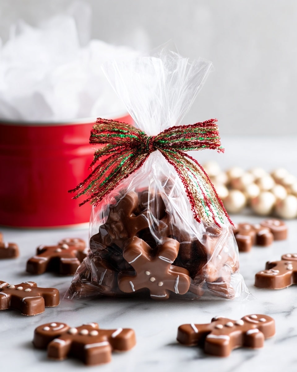 A clear plastic bag filled with small milk chocolate pieces shaped like gingerbread men, tied at the top with a red, green, and gold twisted string bow. Around the bag are more chocolate gingerbread men pieces scattered on a white marbled surface. In the background, there is a round red tin filled with white tissue paper and some out-of-focus white and beige beads spread around. The whole scene is softly lit with a clean, bright look. Photo taken with an iphone --ar 4:5 --v 7