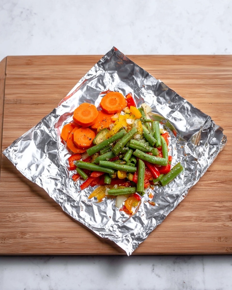 A pile of chopped fresh vegetables is placed in the center of a square piece of shiny aluminum foil, which lies on a wooden cutting board over a white marbled surface. The vegetables are arranged in a small mound and include bright orange carrot slices on the top left, green beans cut into pieces scattered on top and around, thin yellow and red bell pepper strips beneath the green beans, and chopped red bell peppers adding a darker red color around the edges. There are small sprinkles of black pepper and some coarse salt visible over the vegetable mix. The aluminum foil has some wrinkles, especially near the edges. The photo taken with an iphone --ar 4:5 --v 7