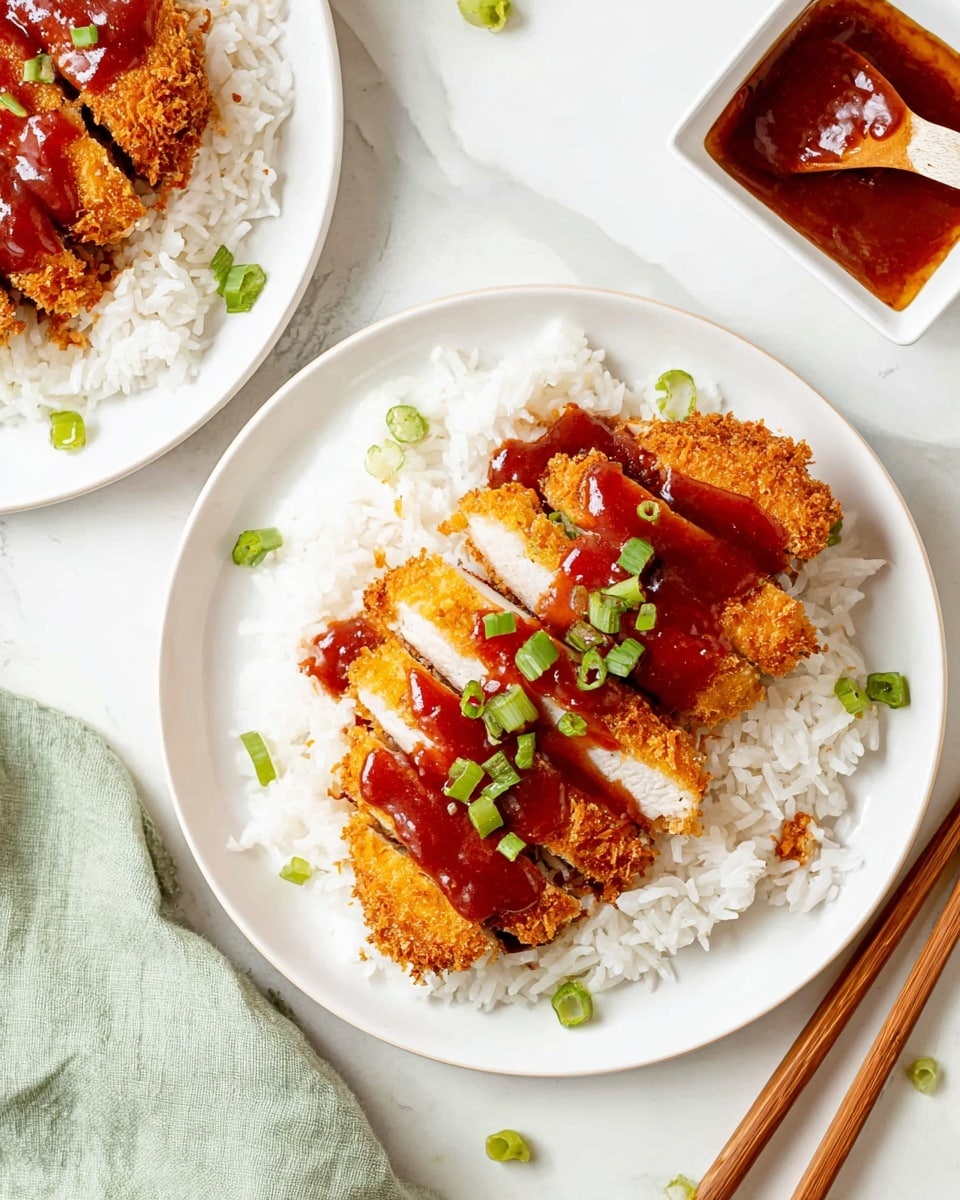 A white plate holds a bed of fluffy white rice topped with several slices of golden brown crispy fried chicken, arranged in a slight fan shape. A thick, shiny dark red sauce is spread over the chicken slices, and small bright green chopped scallions are sprinkled on top and around for color contrast. In the background, part of another similar white plate with the same dish is visible, along with a small white square dish of extra sauce with a wooden-handled spoon. A pair of wooden chopsticks rests on a light green cloth near the bottom right corner on a white marbled surface. Photo taken with an iphone --ar 4:5 --v 7