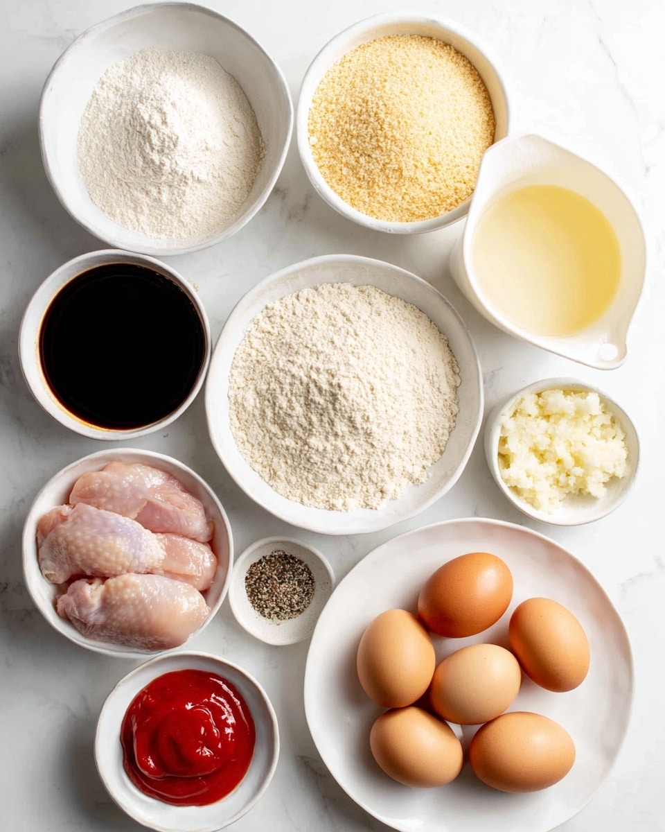 The image shows a top view of several white bowls arranged on a white marbled surface. There are three raw chicken pieces with a light pink color in one bowl at the bottom left. Next to it, on the right, is a large white measuring cup filled with a light yellow liquid. Above these, there is a bowl of very fine, pale yellow breadcrumbs, and to its left, a bowl filled with white flour with a powdery texture. Above the flour is a bowl with dark soy sauce, very shiny and smooth. To the right of the soy sauce, there is a bowl with packed light brown sugar. Below that is a small bowl with minced garlic, creamy and slightly chunky. Next to it, three brown eggs are placed directly on the surface. On the far right, a small bowl holds bright red ketchup with a smooth surface, and at the bottom right, a small bowl with various seasonings including salt and pepper. The setup is clean and well-organized. Photo taken with an iphone --ar 4:5 --v 7