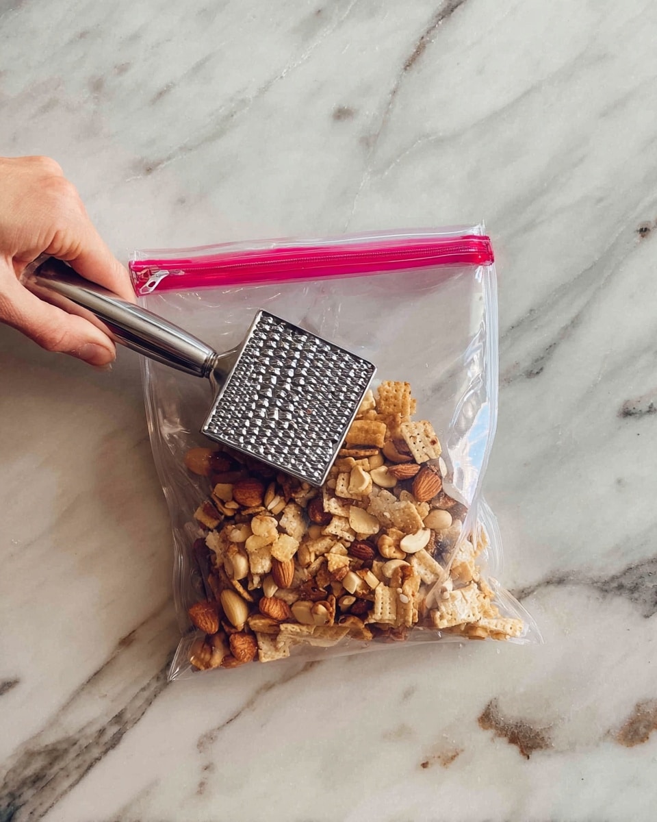 A clear plastic bag with a pink zipper is filled with small pieces of light brown and beige crackers and nuts. The bag is placed on a white marbled surface. A woman's hand is holding a metal meat tenderizer, pressing down on the bag to crush the contents inside. The tenderizer has a textured, square head. Photo taken with an iphone --ar 4:5 --v 7