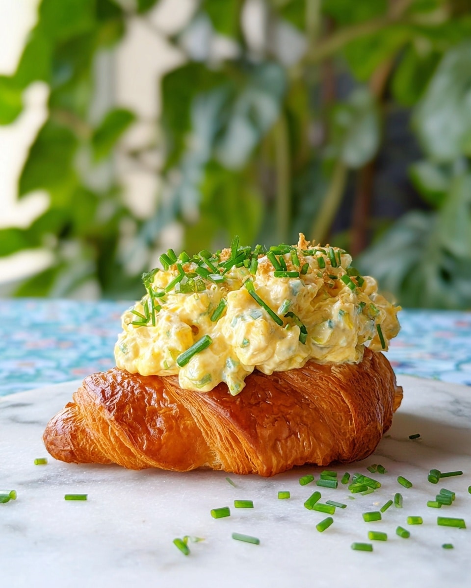 The image shows a single croissant base that is golden brown and flaky, slightly shiny from baking. On top of the croissant is a thick, chunky layer of pale yellow egg salad mixed with bits of green herbs and possibly onion. Bright green chopped chives are sprinkled generously over the egg salad and a few are scattered on the white marbled surface below. The background includes blurred leafy green plants and a soft-focus blue and white patterned cloth. The scene is bright with natural light, highlighting the textures and colors of the croissant and egg salad. Photo taken with an iphone --ar 4:5 --v 7