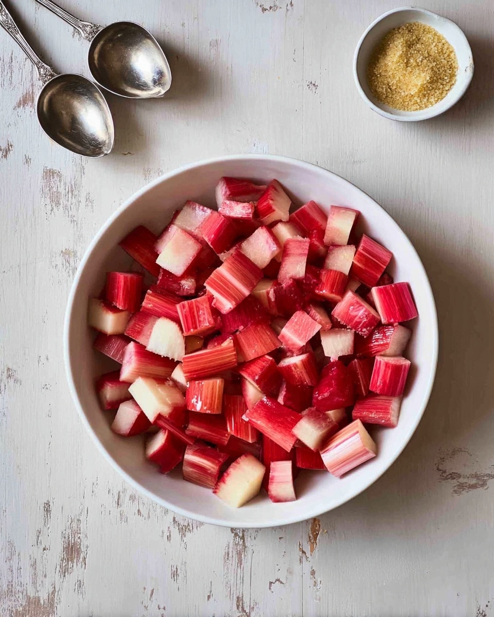 A white bowl filled with small, evenly chopped pieces of red and white rhubarb stalks. The rhubarb pieces are cube-shaped with bright red skin on some edges and pale pink to white flesh inside. The bowl sits on a white marbled surface with a rustic look. To the top left, there are three shiny metal measuring spoons nested together, and on the top right, there is a small bowl containing a yellow granular ingredient. The lighting is soft and natural, showing texture and color clearly. Photo taken with an iphone --ar 4:5 --v 7