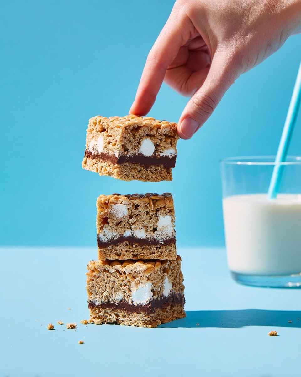 Four square pieces of a crispy, light brown treat stacked into a small tower on a flat blue surface. The base of each piece is a thin, solid layer of chocolate brown with a crumbly biscuit layer on the very bottom. Above that, there is a thick, textured layer made of tan graham cracker crumbs mixed with light white marshmallow bits creating a crunchy and soft look. A woman's hand is picking up the top piece of the tower from above. In the background on the right side, there is a clear glass filled halfway with white milk and a blue straw inside. The background is a solid light blue color. photo taken with an iphone --ar 4:5 --v 7