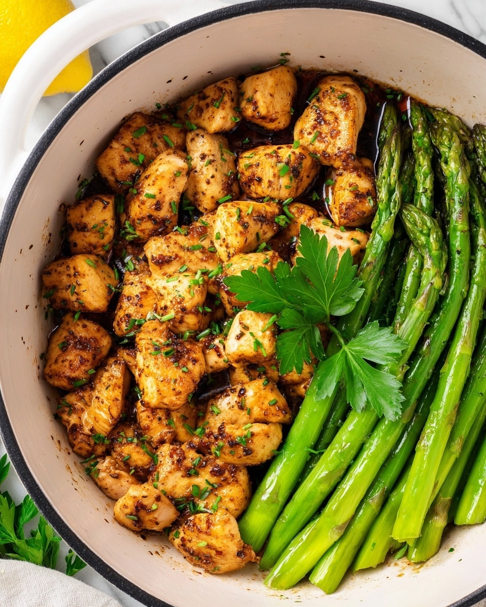 Inside a white pot with a black rim, there are two main layers: on the left side, golden brown pieces of seasoned cooked chicken garnished with small green herbs; on the right side, bright green asparagus stalks that look lightly cooked and glossy, arranged parallel to each other. In the middle, a fresh green parsley leaf adds a pop of color on top of the chicken. The pot sits on a white marbled surface, and part of a lemon is visible in the top left corner. photo taken with an iphone --ar 4:5 --v 7