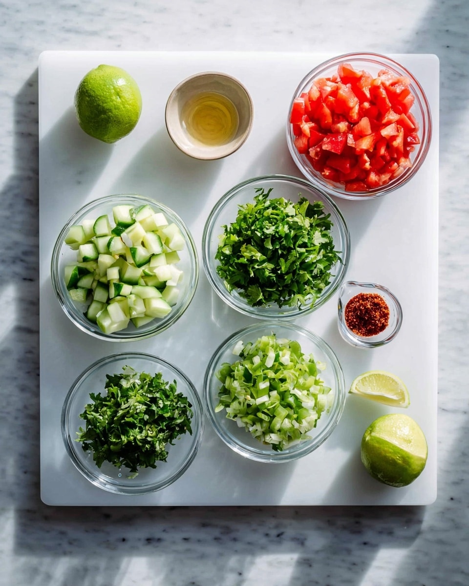 The image shows seven small clear glass bowls arranged on a white cutting board set on a white marbled surface. Each bowl contains different chopped ingredients: bright red diced tomatoes, light green chopped cucumber, finely sliced green onions, curled fresh green cilantro leaves, small chopped green chilies, a small amount of dark red chili paste, and a pale yellowish liquid like lime juice. Two halved limes sit on the marbled surface near the bowls. The lighting is bright and natural, highlighting the fresh colors of the ingredients. Photo taken with an iphone --ar 4:5 --v 7