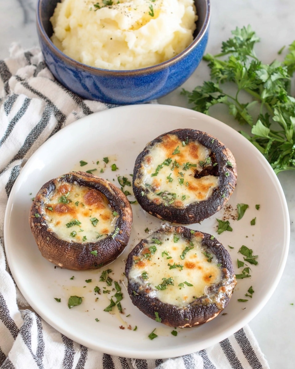 A white plate holds three large, round stuffed mushrooms with dark brown edges. Each mushroom is filled with a melted layer of light golden cheese, slightly browned and bubbly on top, with small green parsley pieces sprinkled evenly across all mushrooms and the plate. Behind the plate, a blue bowl filled with creamy mashed potatoes sits on a white cloth with black stripes. Fresh green parsley leaves are placed next to the bowl and scattered around the plate on a white marbled surface. photo taken with an iphone --ar 4:5 --v 7