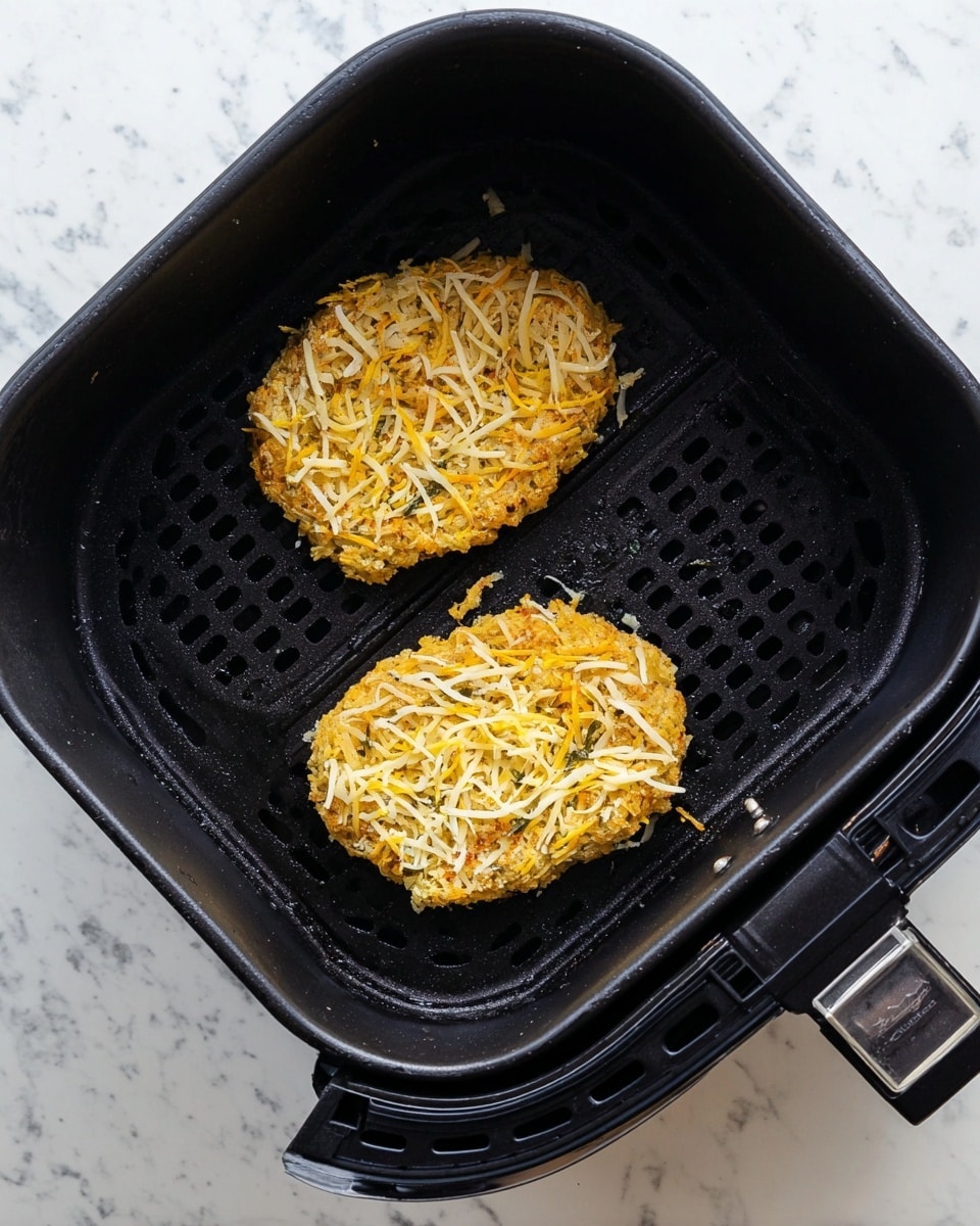 Two uncooked cheesy patties are placed inside a black air fryer basket with a grid pattern on the base; each patty is covered with shredded yellow and white cheese, mixed with some visible herbs, and has a rough texture. The air fryer basket is open and sits on a white marbled surface, showing slight wear marks on the basket edge. The scene is well-lit and clear. photo taken with an iphone --ar 4:5 --v 7