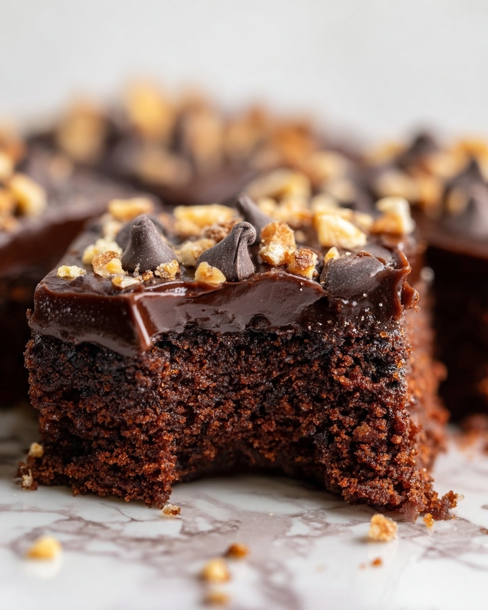The image shows a close-up of a chocolate brownie square with a bite taken out from the front. The brownie has two main layers: a dense, moist dark brown cake base with a slightly crumbly texture and a glossy, thick chocolate frosting layer on top. Scattered on the frosting are rough, small pieces of light golden chopped nuts and dark chocolate chips, adding texture and contrast. The background is a white marbled texture. photo taken with an iphone --ar 4:5 --v 7