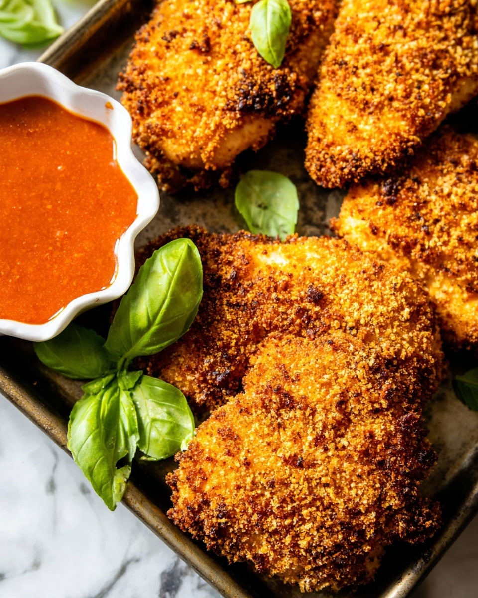 The image shows a close-up of four pieces of crispy breaded chicken with a rough, golden-brown crumb crust, arranged on a dark metal tray with some green basil leaves scattered around for color contrast. To the left, there is a small white scalloped bowl filled with smooth red-orange dipping sauce. The background surface has a white marbled texture visible at the edges of the tray. Photo taken with an iphone --ar 4:5 --v 7