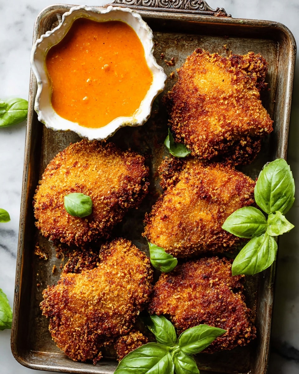 A dark metal tray holds six pieces of golden-brown crispy fried food with a rough, crumbly texture. The food pieces are irregular in shape and thick, covering most of the tray’s surface. There are a few fresh green basil leaves placed around the food, adding color contrast. In the top left corner of the tray is a small white scalloped bowl filled with smooth, bright orange sauce. The tray is set against a white marbled surface. photo taken with an iphone --ar 4:5 --v 7