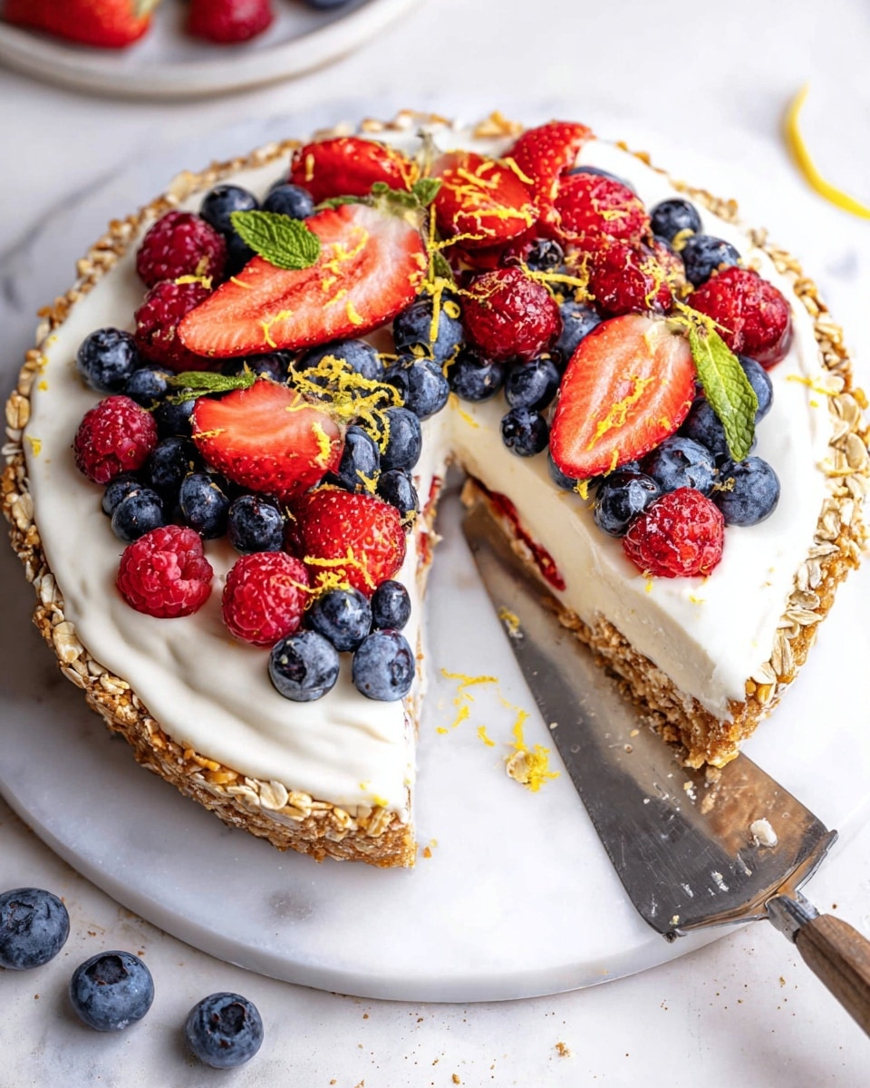 A round tart with three visible layers is placed on a white marbled surface; the bottom layer is a golden oat crust with visible flakes and seeds around the edges, followed by a thick, creamy, smooth white layer in the middle, and topped with a colorful layer of fresh fruits including whole blueberries, whole raspberries, and large strawberry slices with green leaves still attached, scattered evenly; small yellow lemon zest bits are sprinkled over the top, and one slice is being lifted by a utensil with a metal handle, showing the tart’s inside; some loose blueberries sit nearby; photo taken with an iphone --ar 4:5 --v 7