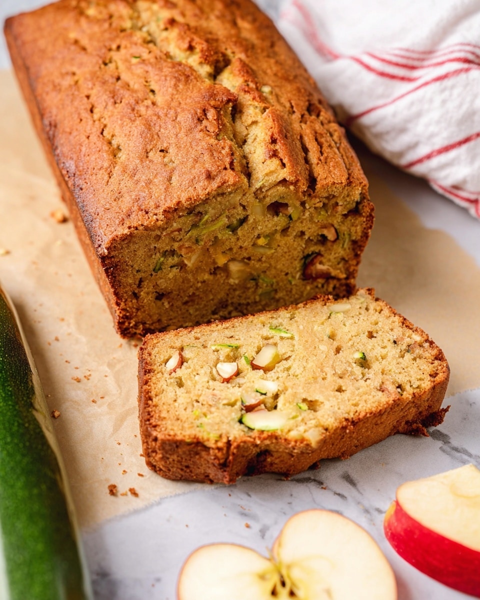 A loaf of golden brown zucchini bread is shown on parchment paper, with one thick slice cut and laid in front of the loaf, revealing a soft, moist inside with small green zucchini flecks and pieces of nuts in light beige and brown shades. To the left of the loaf is a halved light green zucchini placed sideways. In the foreground, partly blurred, there are red and yellow apple halves resting on a white marbled surface with a white towel that has red and gray stripes. The bread’s crust looks slightly textured and crackled with a warm, inviting color. Photo taken with an iphone --ar 4:5 --v 7