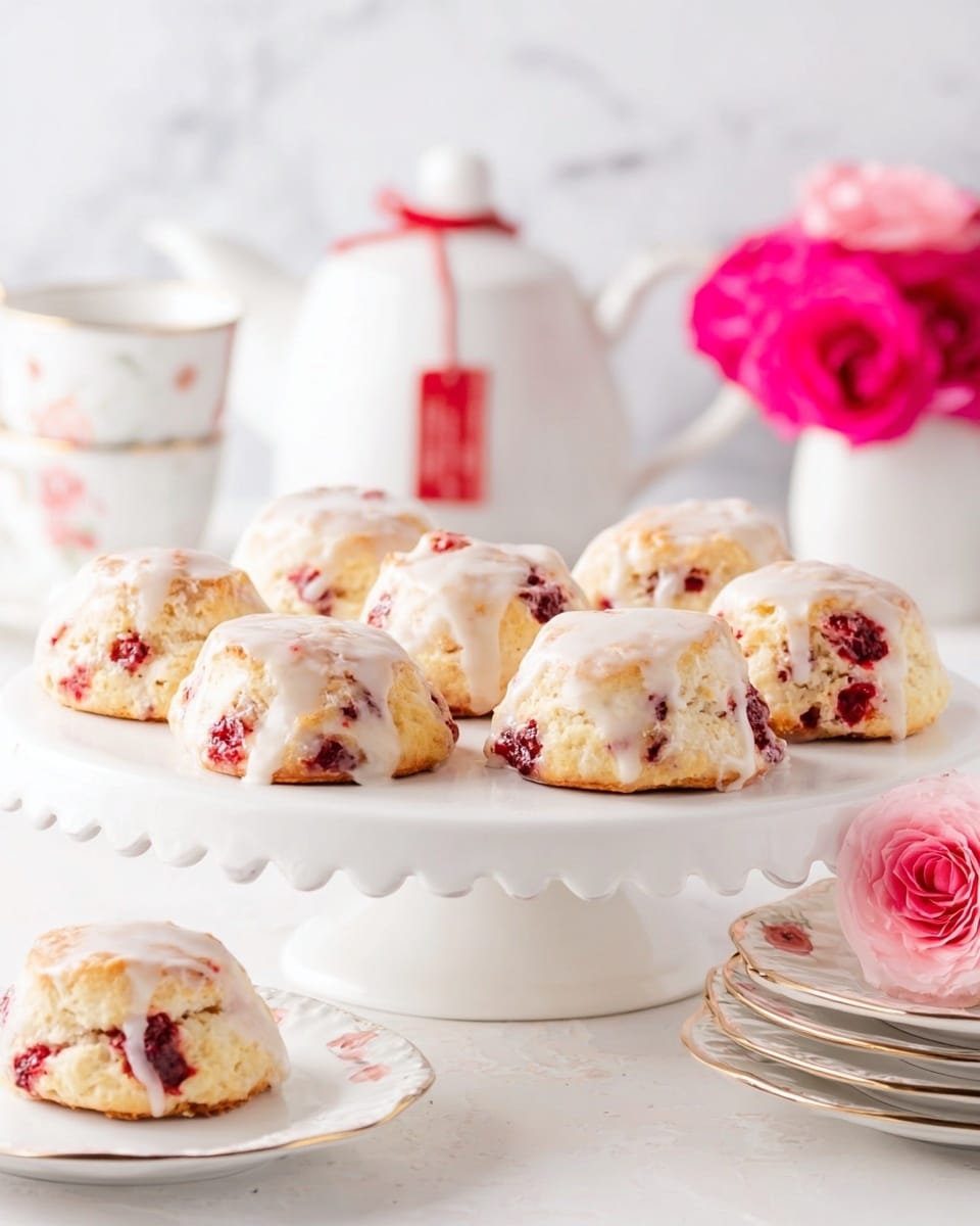 The image shows seven round scones with a glaze on top, arranged in two rows on a white cake stand with a scalloped edge. The scones have a pale golden color with visible red berry pieces inside that add small splashes of bright red color throughout. The glaze is shiny and white, covering the tops unevenly, creating a glossy texture contrast against the soft, crumbly surface of the scones. In the background, there are white cups and a white teapot with a red tea bag string, sitting on a surface with a white marbled texture. A small bunch of bright pink flowers in a white vase adds a pop of color to the top right corner. Toward the front right are stacked white plates with a thin gold trim, and a single pink rose lies beside them on the surface. photo taken with an iphone --ar 4:5 --v 7
