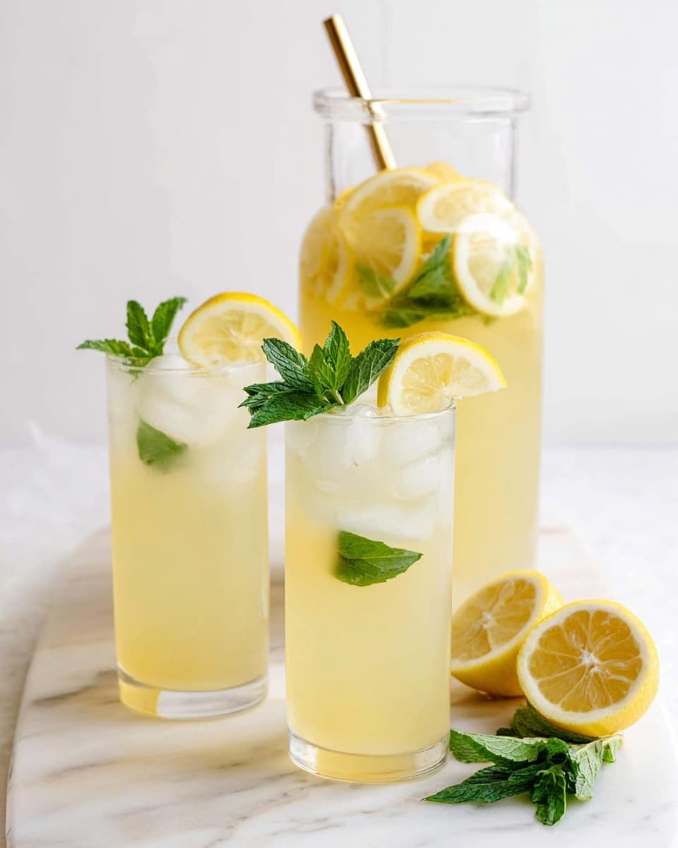 Two tall clear glasses filled with pale yellow lemonade sit on a white marbled surface, each glass containing ice cubes, a slice of lemon pressed against the glass, and fresh green mint leaves floating on top. Behind them stands a clear glass pitcher also filled with the same lemonade, showing several lemon slices and mint leaves inside, with a shiny gold metal straw resting in it. In front of the pitcher on the right side, there's a cut lemon half placed on the white marble with a sprig of green mint leaves nearby. The whole scene is bright and fresh with a clean white background. photo taken with an iphone --ar 4:5 --v 7