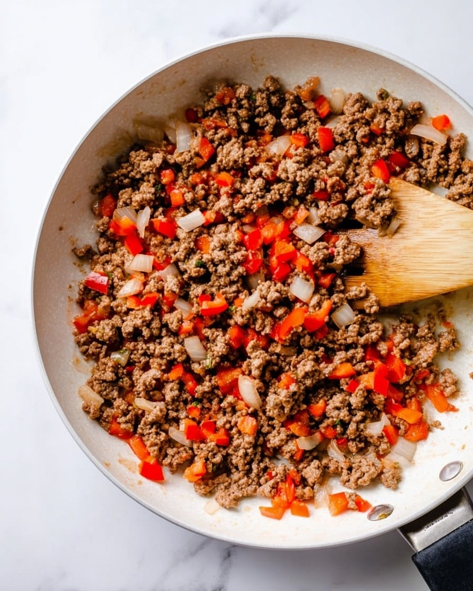 A white frying pan filled with cooked ground meat mixed with small, chopped pieces of red bell pepper and white onion. The meat is brown with a crumbly texture, scattered evenly across the pan. The red bell pepper pieces are bright and glossy, while the onion bits are translucent and soft, mixing well with the meat. A wooden spatula is resting on the right side of the pan, slightly under some of the mixed ingredients. The pan is sitting on a white marbled surface with clean light around it. photo taken with an iphone --ar 4:5 --v 7