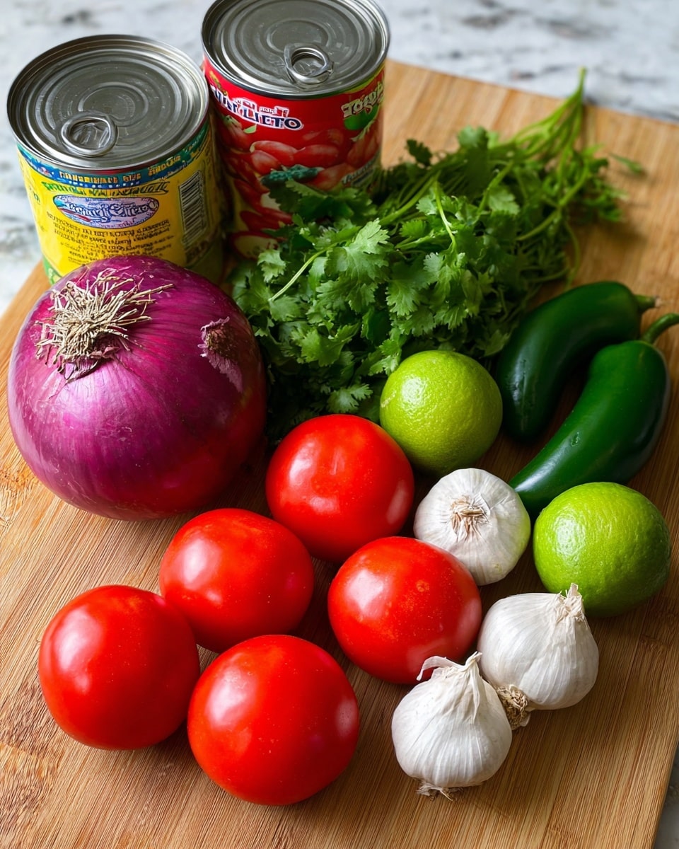 The image shows fresh ingredients laid out on a wooden surface with a white marbled texture background. There are seven bright red tomatoes with smooth, shiny skins in the foreground, next to two white garlic bulbs with light purple tints. Above them is a large purple-red onion with dried roots on top next to a bunch of fresh green cilantro with many leafy stems. To the right, there are two bright green limes with slightly bumpy skin, three dark green jalapeño peppers with smooth skin, and two cans placed behind them, one larger with a label showing red tomatoes and a smaller one with a yellow label. The colors are vivid and the arrangement is neat and appetizing. Photo taken with an iphone --ar 4:5 --v 7