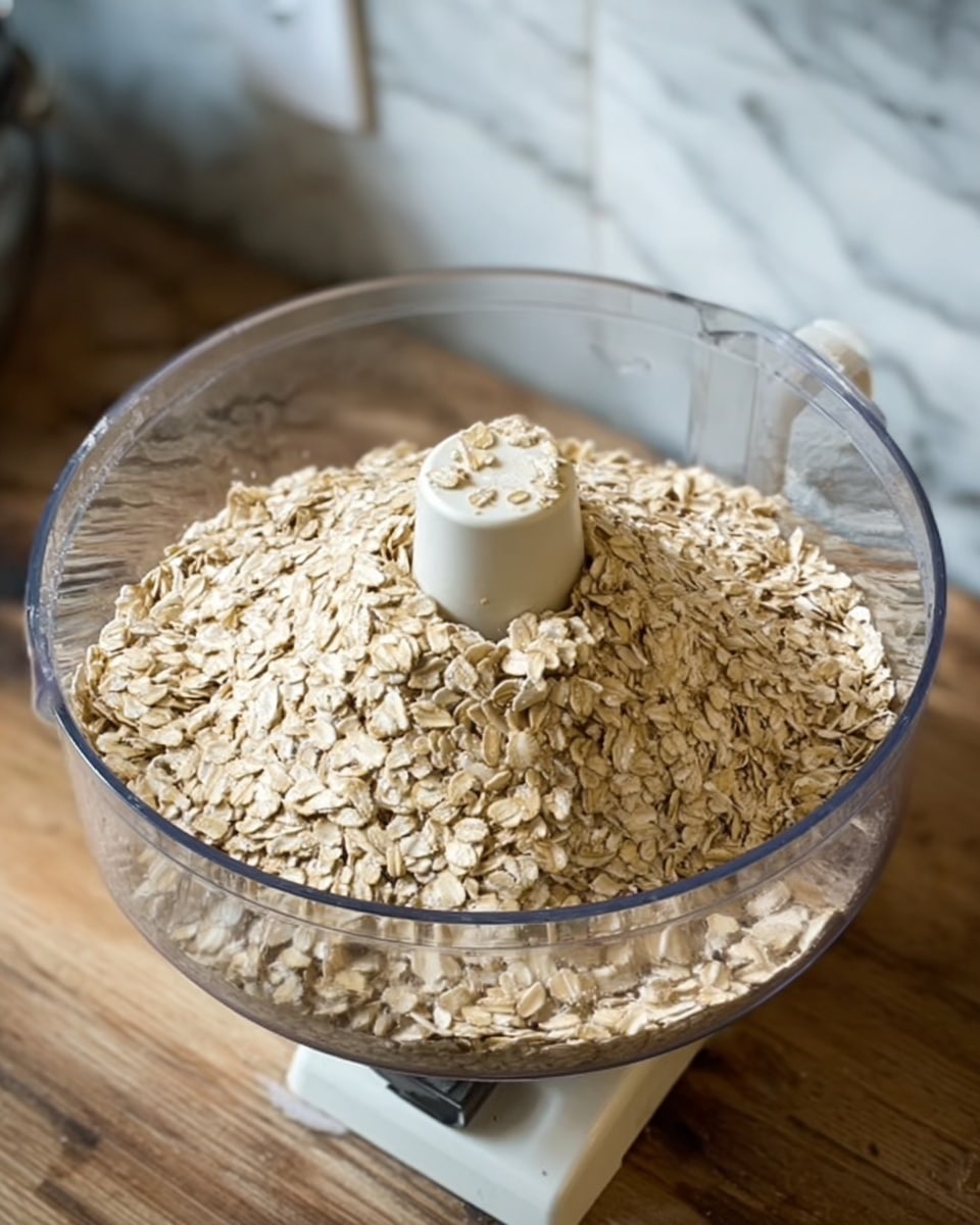 A clear plastic food processor bowl is filled nearly to the top with light brown rolled oats. The oats have a dry, flaky texture and are piled in a cone shape at the center inside the bowl. The food processor blade is just visible beneath the oats, and the bowl sits on a wooden surface with part of a kitchen counter showing behind it. The background shows the texture of a white marbled surface. photo taken with an iphone --ar 4:5 --v 7