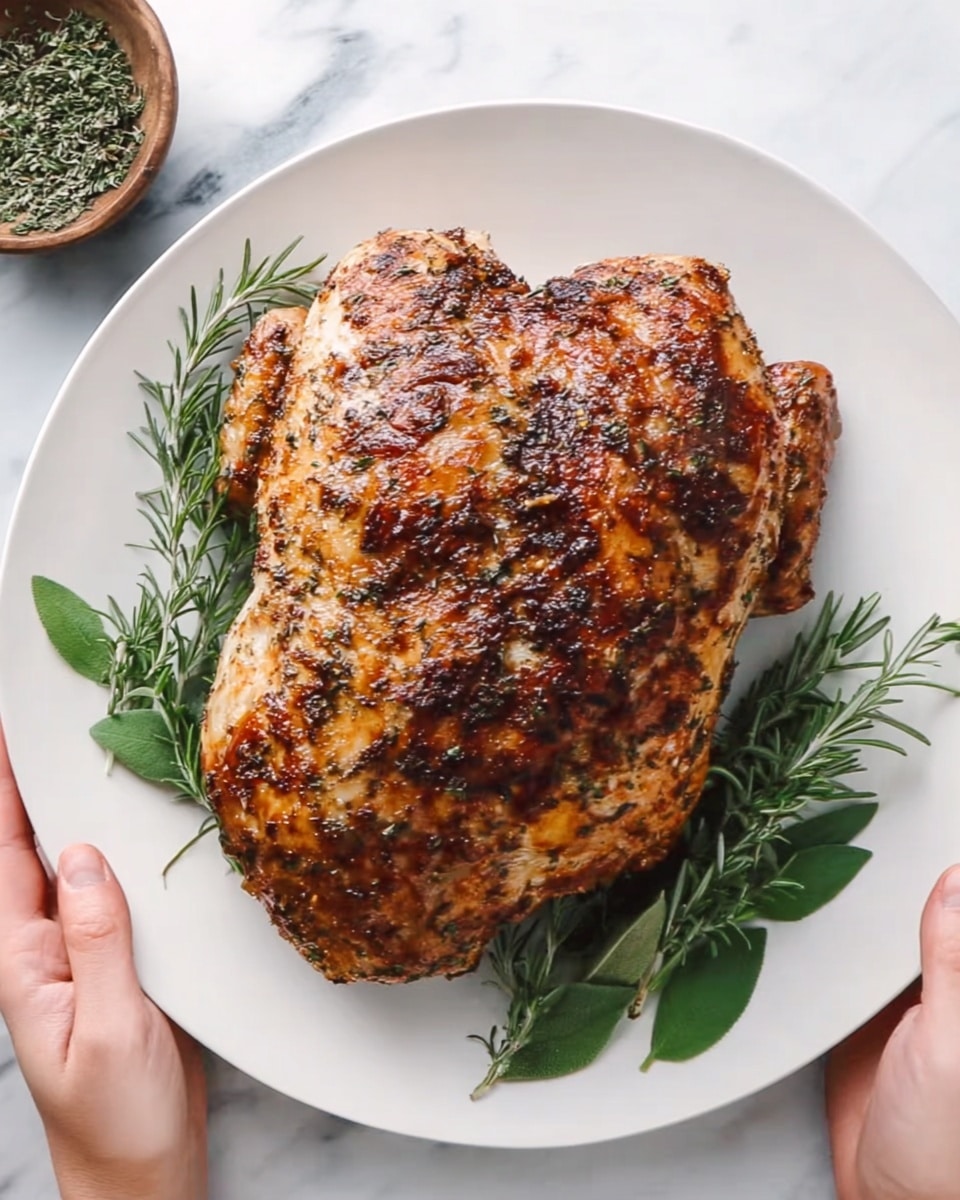 A large, golden-brown roasted chicken with a crispy skin seasoned with herbs and spices rests on a white plate. The chicken is whole, with a well-browned, slightly rough texture on top, showing areas of darker caramelization and specks of herbs. Fresh green rosemary and basil leaves are placed underneath and around the chicken, adding a touch of green contrast. The plate sits on a white marbled surface, with a small bowl of mixed herbs in the top left corner. Two woman's hands are visible at the bottom edges of the image, lightly holding the plate. photo taken with an iphone --ar 4:5 --v 7