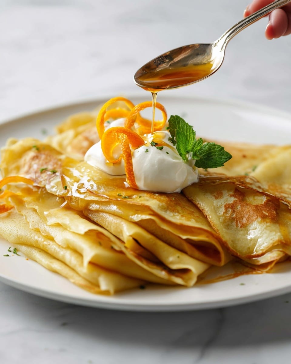 Thin golden crepes are folded and layered on a white plate, each crepe showing soft, slightly browned edges with a smooth, shiny texture. On top of the crepes is a dollop of white cream, next to a small curled orange peel and a sprig of green mint. A silver spoon held by a woman's hand is pouring a glossy amber sauce over the crepes, adding a light drizzle that catches the light. The plate sits on a white marbled surface, creating a clean and bright background. Photo taken with an iphone --ar 4:5 --v 7