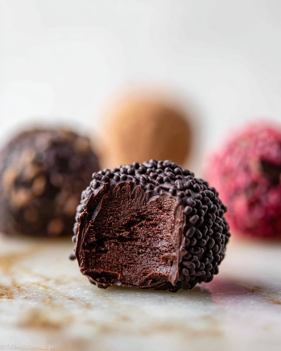 The image shows a close-up view of a single chocolate-covered treat with a bitten top edge, revealing a dense, dark brown, fudgy inside with a smooth texture. This treat is coated in small, round chocolate sprinkles, covering the outer surface evenly. Behind this central piece, there are three blurred pieces with varying colors—light brown, reddish-pink, and dark brown—that seem to have different toppings or coatings. All treats are placed on a white marbled surface, and the background is soft and out of focus, with some warm, light tones. Photo taken with an iphone --ar 4:5 --v 7