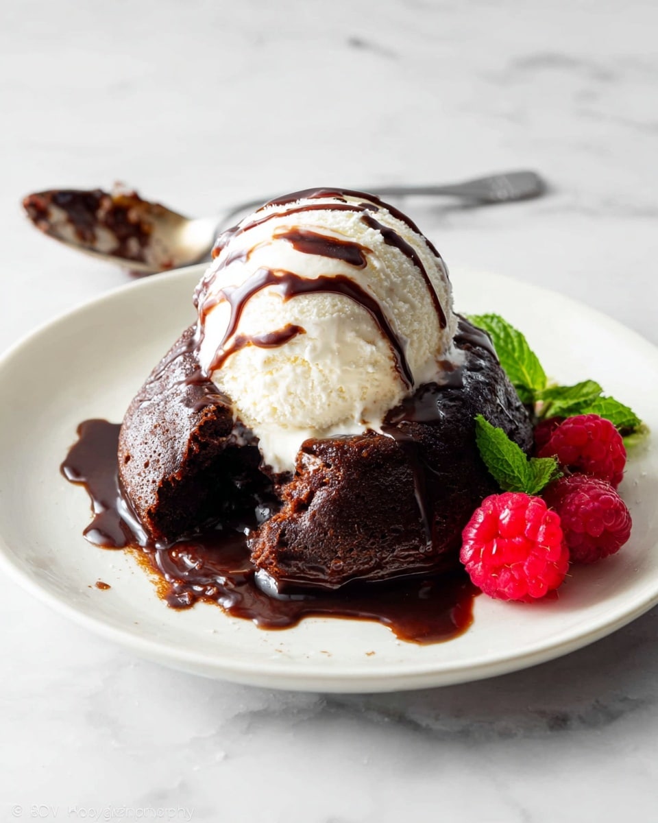A white plate sits on a white marbled surface holding a dark brown chocolate lava cake with a slightly cracked side showing melted chocolate inside. On top of the cake is a round scoop of creamy white vanilla ice cream, drizzled with dark chocolate syrup. Around the base of the cake is a small pool of melted chocolate. To the right of the cake, three bright red raspberries and a small green mint leaf add color. Behind the dessert, a silver spoon with some chocolate on its edge rests on the plate. Photo taken with an iphone --ar 4:5 --v 7