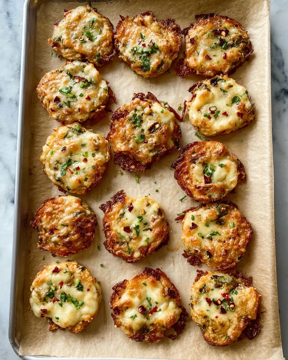A tray filled with around twelve small round cheese and vegetable patties, each with one layer; the bottom layer is golden-brown crisped bits, topped with a thick, bubbly, melted cheese layer that is slightly browned in spots for a toasted look, sprinkled with small green herb pieces and tiny red chili flakes, all laid out on parchment paper on a baking sheet over a white marbled surface. photo taken with an iphone --ar 4:5 --v 7