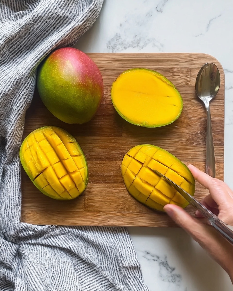 The image shows a wooden cutting board on a white marbled surface. On the board, there is one whole mango with a green and red peel, two mango halves with bright yellow flesh, and a woman's hand holding one mango half while using a knife to make cuts in a grid pattern on the mango's surface. A steel spoon is lying next to the mango halves. A grey and white striped cloth is partially visible on the left side. photo taken with an iphone --ar 4:5 --v 7