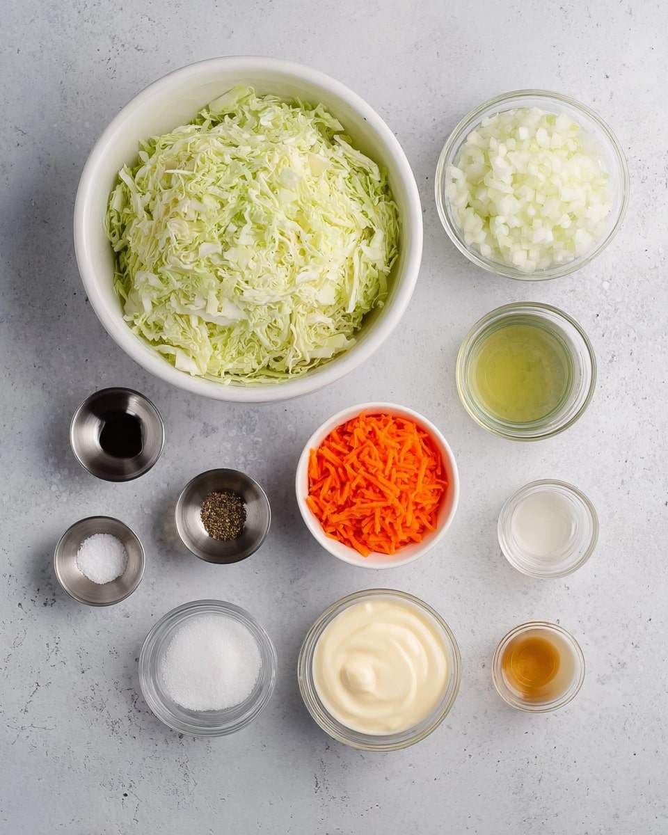 The image shows several small white and clear glass bowls arranged neatly on a white marbled surface, each containing different ingredients for a recipe. The largest white bowl is filled with shredded pale green cabbage, placed on the left side. Next to it on the upper side is a small white bowl with shredded bright orange carrots. A clear glass bowl filled with finely chopped white onions sits above the carrots. To the right, in a row from left to right, there is a clear glass bowl with a small amount of white liquid, a white bowl with creamy, pale yellow mayonnaise, and a white bowl with white granulated sugar. Above these bowls, there are three small shiny silver bowls containing black pepper, salt, and a light green liquid. Another silver bowl holds a golden-brown liquid, positioned next to the green one. Everything is arranged simply and cleanly with no visible shadows or clutter. photo taken with an iphone --ar 4:5 --v 7