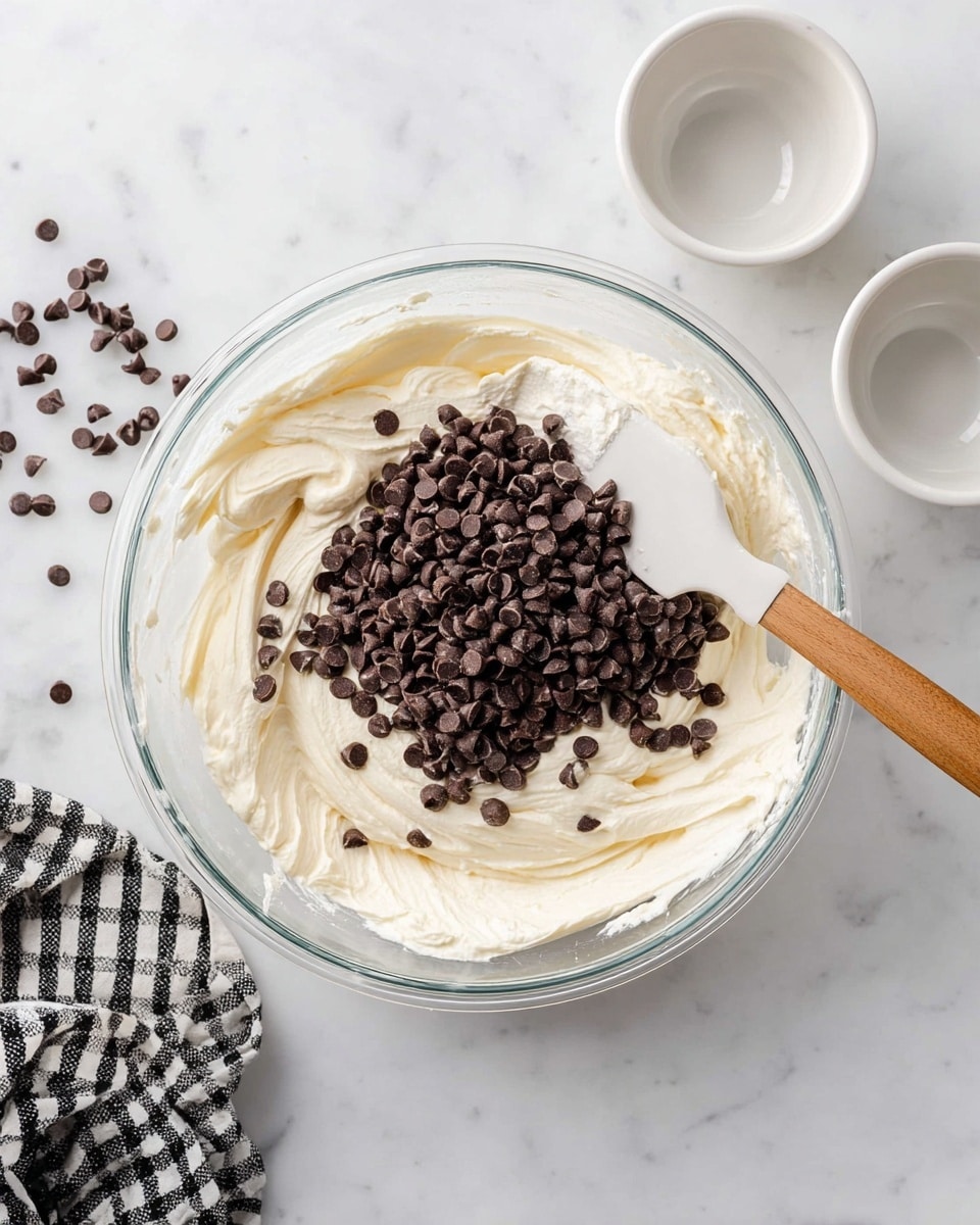 A large clear glass bowl holds a thick, creamy, smooth white mixture with a soft texture. On top of this base, there is a large pile of small, dark brown chocolate chips scattered mostly in the center. A white spatula with a wooden handle rests inside the bowl, partly lifting the creamy mixture near the chips. Around the bowl, there are two empty white bowls on a white marbled surface, along with a black and white checkered cloth at the bottom left corner. The scene is bright and clean, showing natural light. photo taken with an iphone --ar 4:5 --v 7