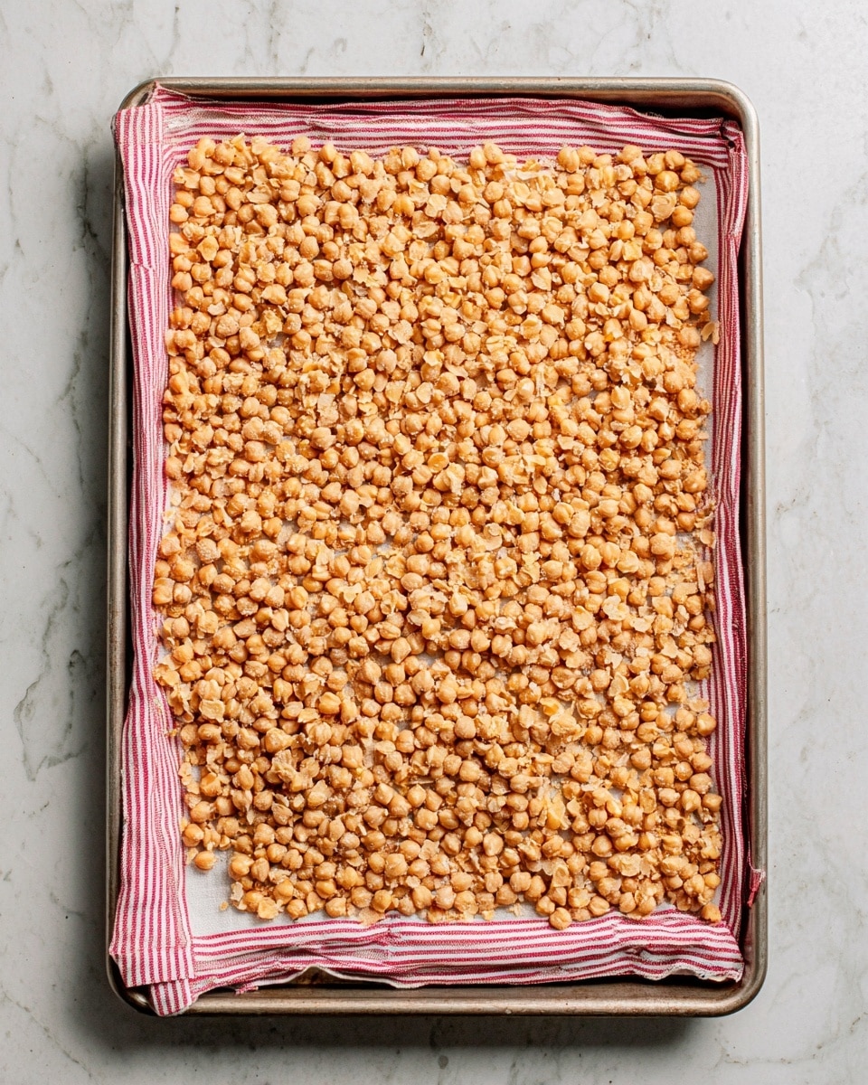 A metal baking tray is lined with a red and white striped cloth that holds a single thick layer of light golden beige split chickpeas spread evenly across the surface. The tray rests on a white marbled texture surface, showing the rough texture and subtle shadows among the small, flat chickpeas. Photo taken with an iphone --ar 4:5 --v 7
