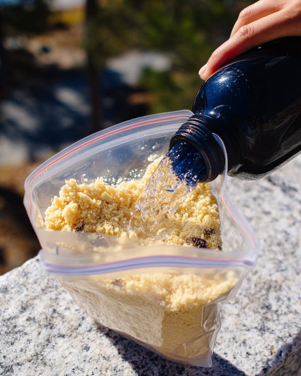 A woman's hand holds a clear plastic zipper bag filled with a light yellow crumbly mixture with some darker bits inside, while water is being poured from a large black bottle into the bag, creating small bubbles and foam on the surface of the mixture. The background is a white marbled textured surface with outdoor elements blurred in the distance. Photo taken with an iphone --ar 4:5 --v 7