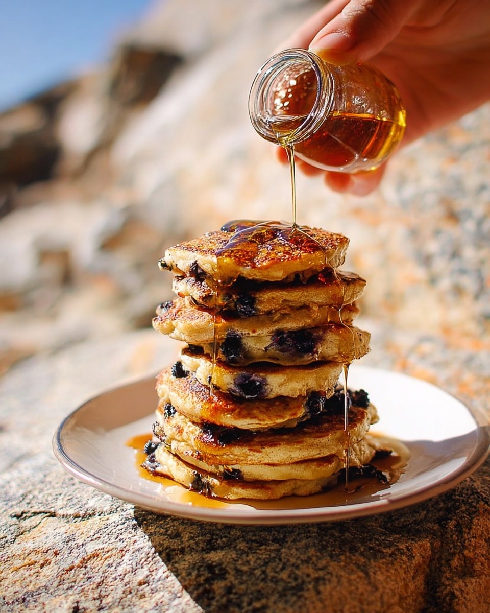 The image shows a round pancake cooking in a small silver pan over a portable stove. The pancake is light golden with a bubbly, slightly uneven surface and small dark spots that look like berries spread throughout. Around the pan, there is a silver wind shield reflecting sunlight. The surface under the stove is a white marbled texture. The pancake fills most of the pan with light brown edges and a textured bubbly top. Photo taken with an iphone --ar 4:5 --v 7