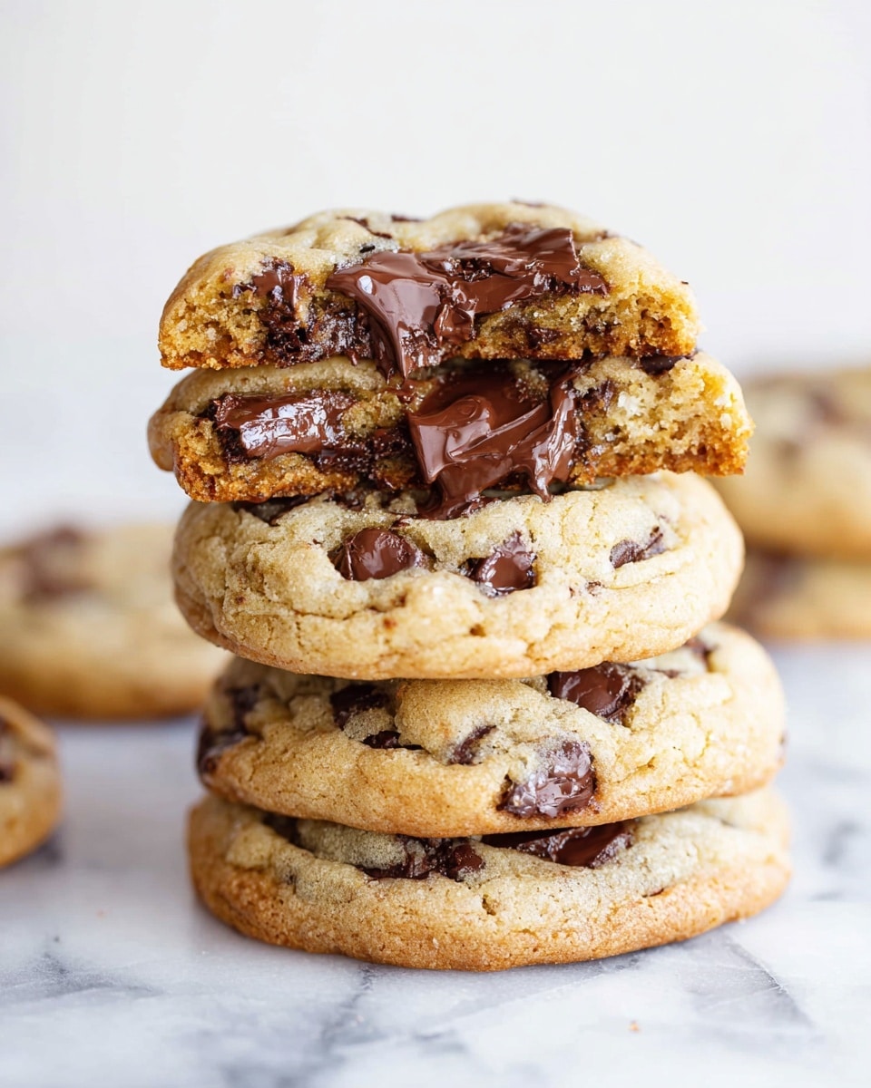 A stack of four thick chocolate chip cookies is shown on a white marbled surface. The bottom three cookies are whole, light brown with visible large dark chocolate chips scattered throughout their slightly cracked, soft texture. The top cookie is broken in half and stacked, showing a warm and soft inside with melted dark chocolate chunks oozing out. The cookies look soft and chewy with a slightly golden edge. Photo taken with an iphone --ar 4:5 --v 7