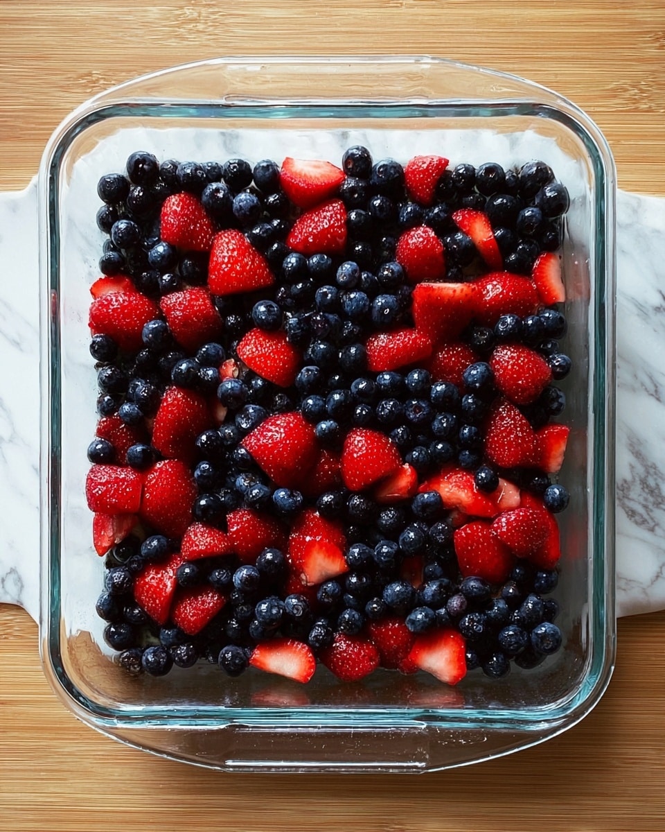 A clear glass rectangular dish is filled with a single layer of mixed berries arranged evenly across the bottom. The berries include whole dark blue blueberries with a smooth, slightly shiny texture and full red strawberries, some of which are halved, showing their lighter interior. The dish rests on a white marbled surface with faint gray veins, highlighting the bright red and deep blue colors of the berries. photo taken with an iphone --ar 4:5 --v 7