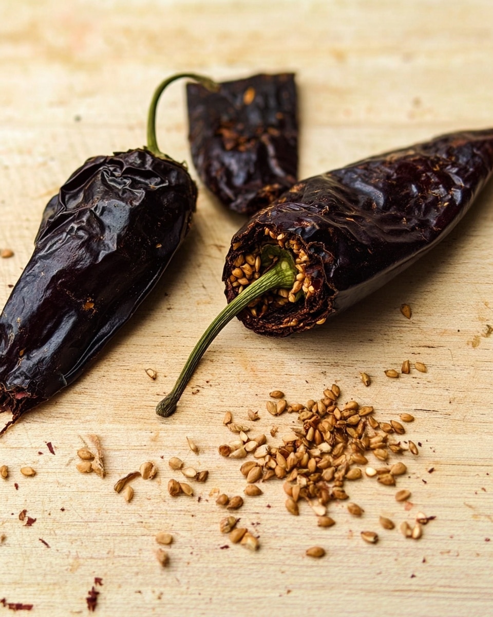 The image shows two long dried dark brown chili peppers lying on a light wooden cutting board. One chili is whole while the other is partially opened, revealing a rough interior and many small, light brown seeds spilling out onto the board. Near the opened chili is its detached top with a green stem. The texture of the dried chilies is wrinkled and slightly shiny with a few cracks. The seeds are scattered loosely around, creating a contrast with the darker peppers and the pale surface photo taken with an iphone --ar 4:5 --v 7