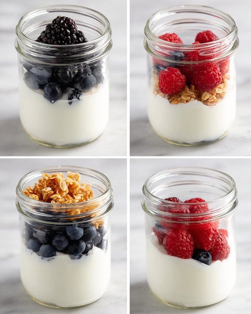 A clear glass jar is shown with four layers inside, placed on a white marbled surface. The first layer at the bottom is thick and smooth white yogurt. The second layer is a mix of dark blackberries, blue blueberries, and bright red raspberries sitting directly on the yogurt. The third layer is another thick white yogurt, creating a creamy middle. The fourth layer at the top again shows a few blackberries, blueberries, and raspberries, with a final topping of golden brown granola clusters. The overall look is fresh and colorful with a clear division of creamy and fruity layers. Photo taken with an iphone --ar 4:5 --v 7