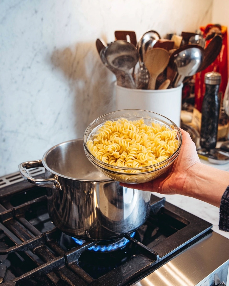A person's hands holding a clear glass bowl filled with yellow spiral pasta positioned above a shiny silver pot of boiling water on a black stove with a blue flame. In the background, there is a white container holding various wooden and silver kitchen utensils, all set against a white marbled textured surface. photo taken with an iphone --ar 4:5 --v 7