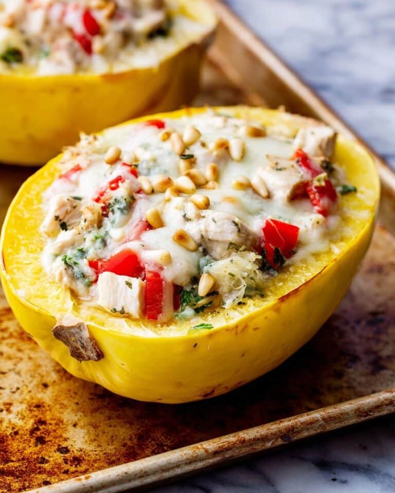 Pesto Chicken and Roasted Red Pepper Stuffed Spaghetti Squash Recipe