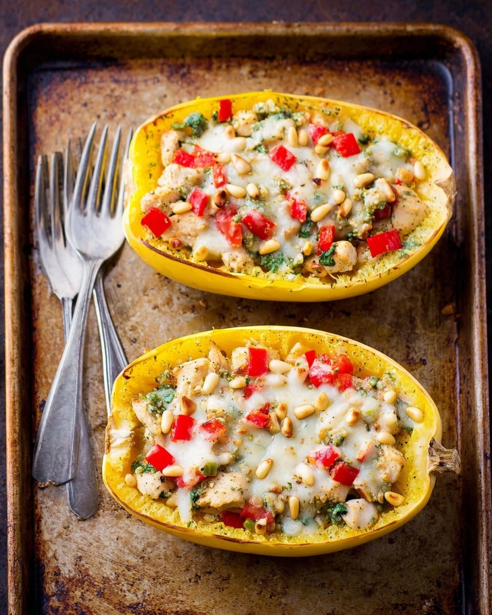 Two yellow spaghetti squash halves sit side by side on a rustic baking tray. Each half is filled with a colorful mixture consisting of small light brown chicken pieces, bright red diced bell peppers, melted white cheese, and green herbs or pesto throughout. Light beige pine nuts are scattered on top of the filling, adding texture. The edges of the squash show a slightly roasted, soft yellow skin with some browning near the stem. Two silver forks rest on the tray’s corner beside the squash. The photo is taken with an iphone --ar 4:5 --v 7