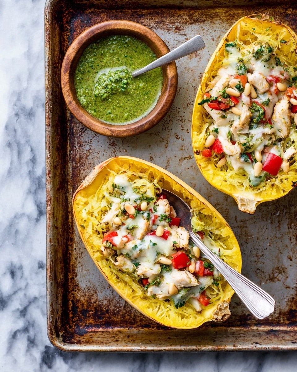 Two halves of bright yellow spaghetti squash shells sit on a worn baking tray with a silver spoon in one half. Each shell is filled with a mix of creamy cheese, small white pine nuts, red chopped pieces that look like bell peppers, herb green bits, and light brown chunks of cooked chicken. Above the shells, a small round wooden bowl holds a thick green sauce with some texture, and a silver spoon inside. The tray rests on a white marbled surface. photo taken with an iphone --ar 4:5 --v 7