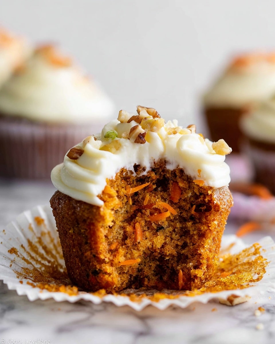 A close-up of a carrot cupcake with a bite taken out from the front, showing the moist, speckled orange cake inside; it has a thick layer of creamy white frosting on top sprinkled with small chopped nuts. The cupcake is wrapped in a crinkled white paper liner and sits on a white marbled surface. In the background, there are blurred hints of other cupcakes with similar frosting. The focus is on the front cupcake, highlighting its texture and layers. Photo taken with an iphone --ar 4:5 --v 7