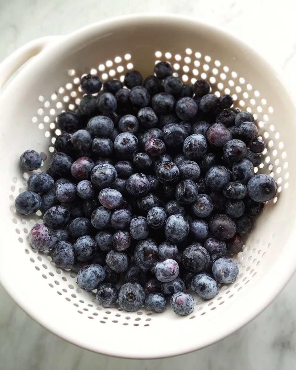 The image shows a white colander filled with many small, round blueberries. The blueberries are mostly dark blue with a few hints of purple and black. They look fresh and have a slightly shiny surface. The colander has many small holes and sits on a white marbled surface. photo taken with an iphone --ar 4:5 --v 7